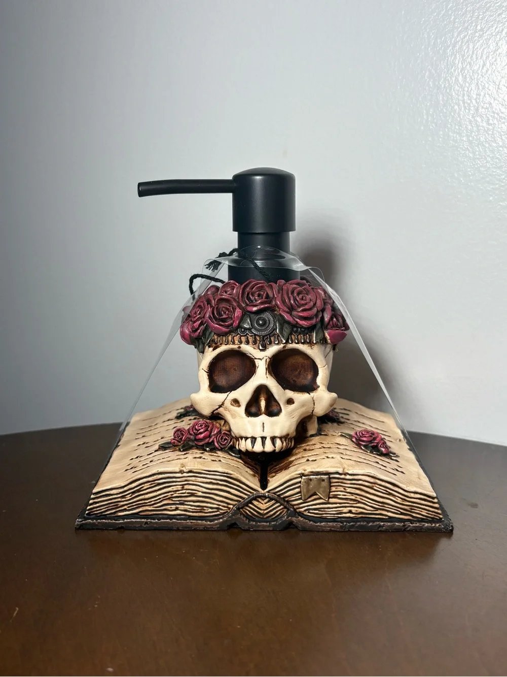 Skull Soap Dispenser with Red Rose Accents - Gothic Bath Accessory